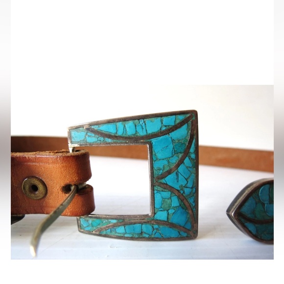 Sterling Silver w/ Inlaid Turquoise Belt Buckle Leather Belt 32" - Picture 3 of 7